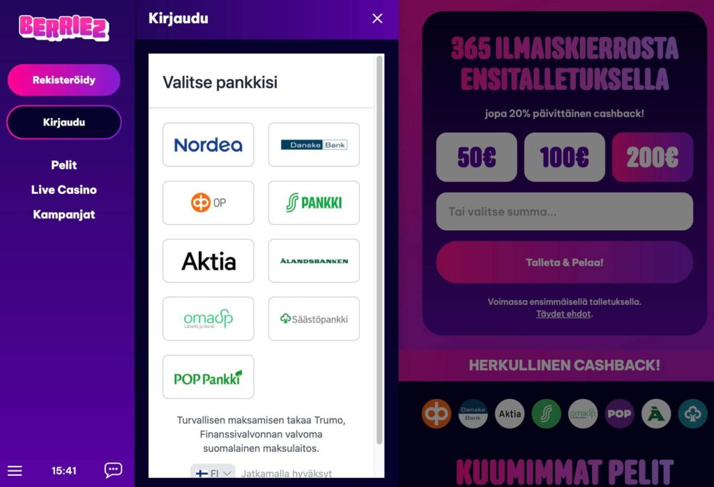 Talletus Berriez Casinolle tehdään pankkitunnuksilla