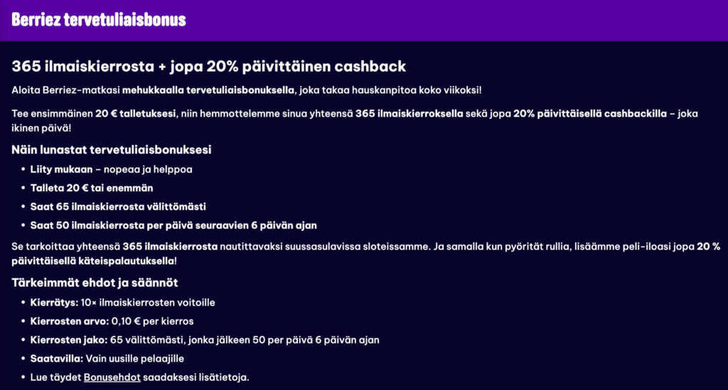 Berriez Casino bonus ja ehdot selitettynä