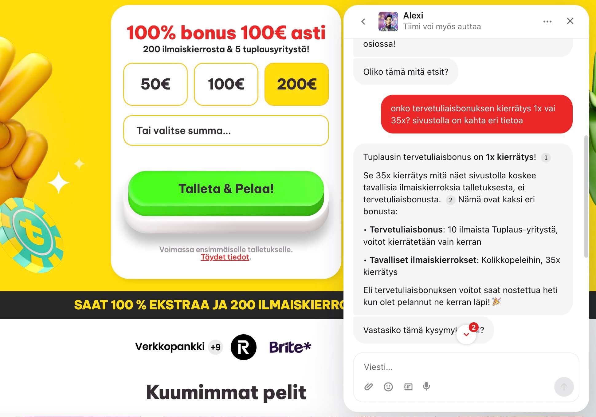 Keskustelu Tuplaus Kasinon live chatissa