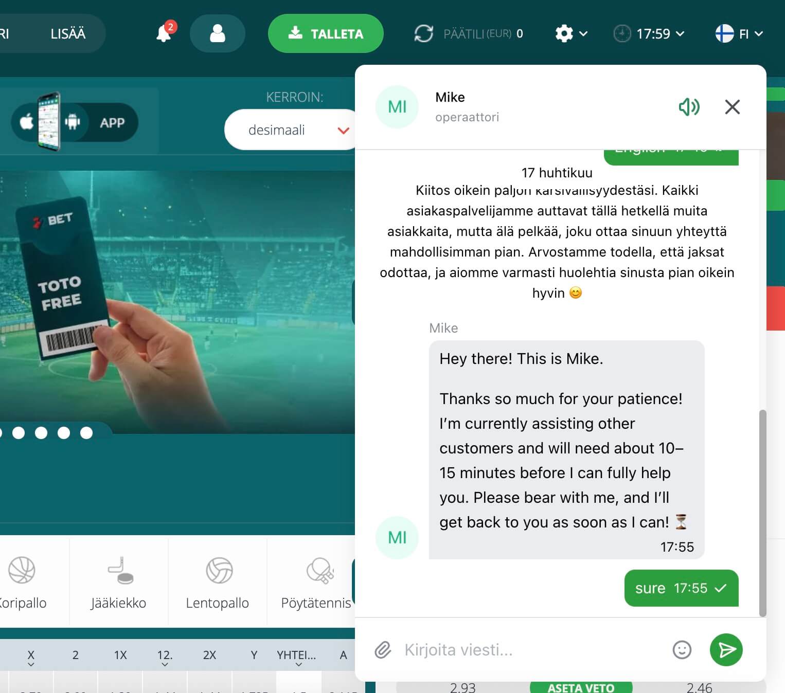 Keskustelu 22Bet Casinon live chatissa