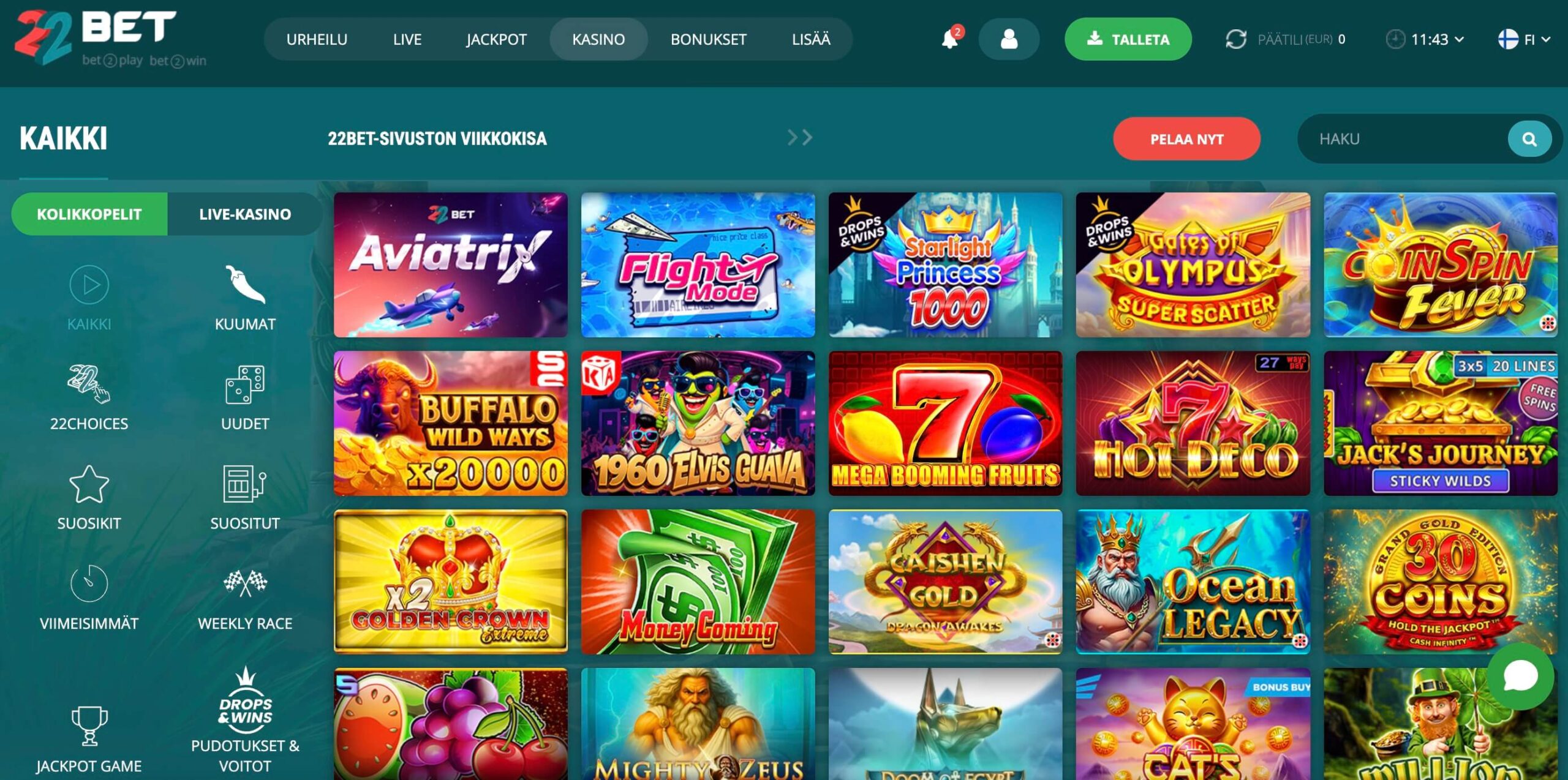 22Bet Casinon kolikkopeliaula