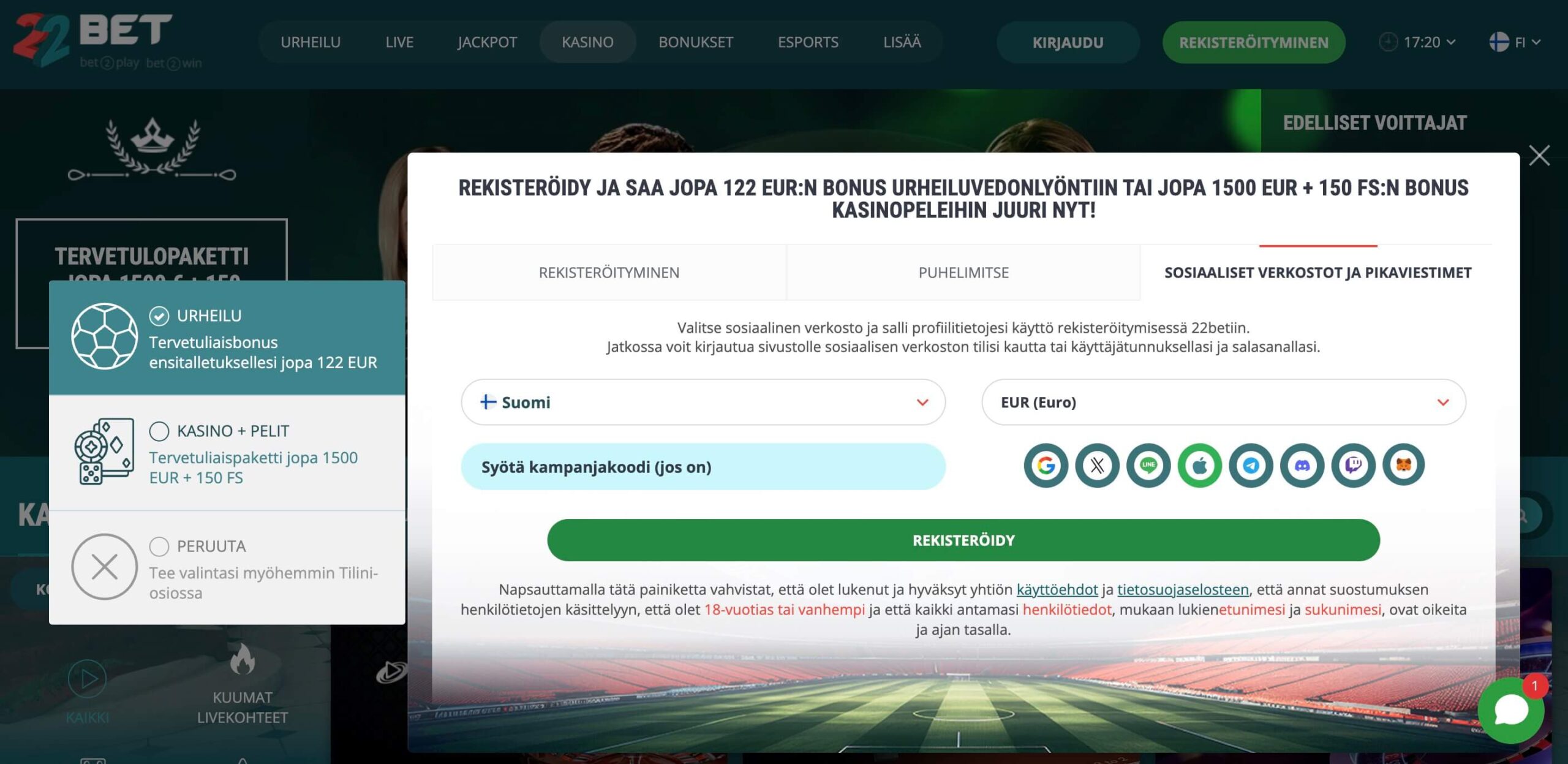 22Bet Casinolle rekisteröityminen somen kautta
