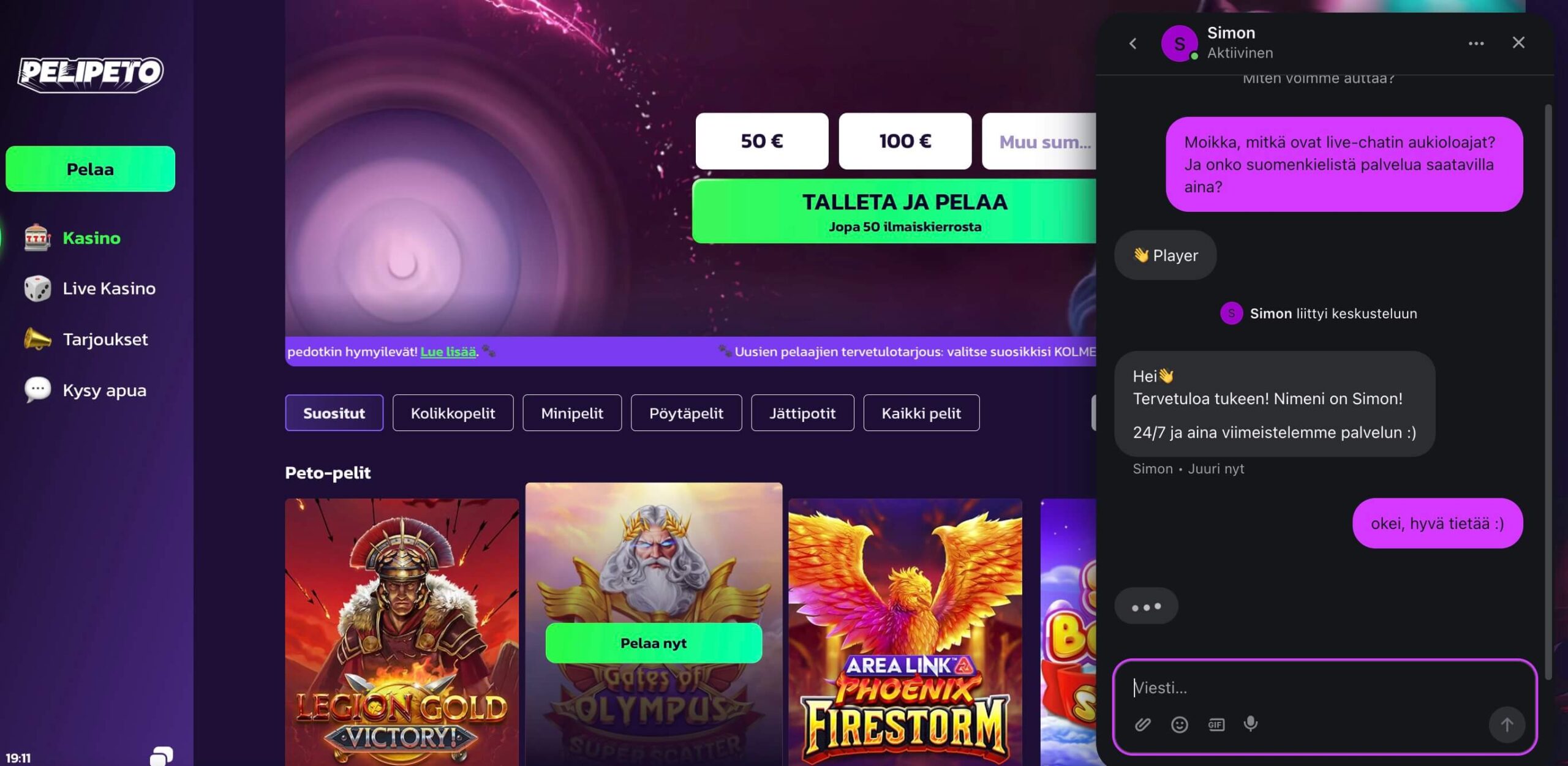 Keskustelu Pelipeto Casinon live chatissa