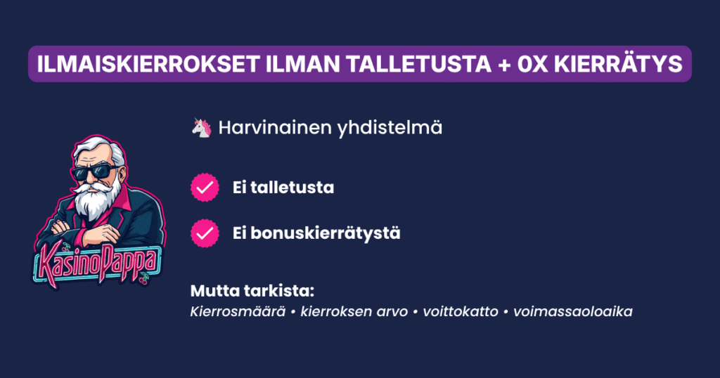 lmaiskierrokset ilman talletusta ja kierrätystä – harvinainen 0x tarjous ilman talletusvaatimusta.